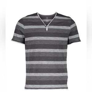 INC Deep Black & Gray Stripe Button-Accent. 
V-Neck Tee - Men. Size: Various
